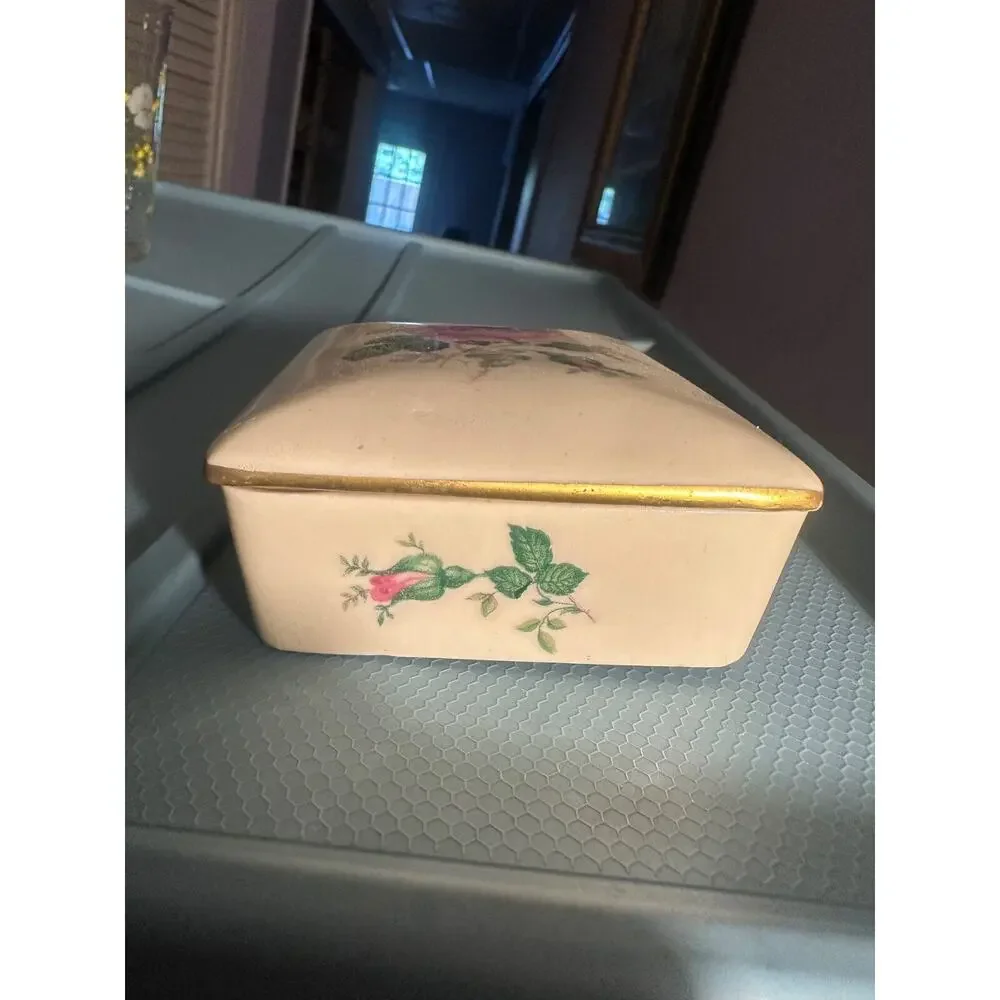 Vintage Porcelain Trinket Box Rose Pattern Jewelry Storage Holder